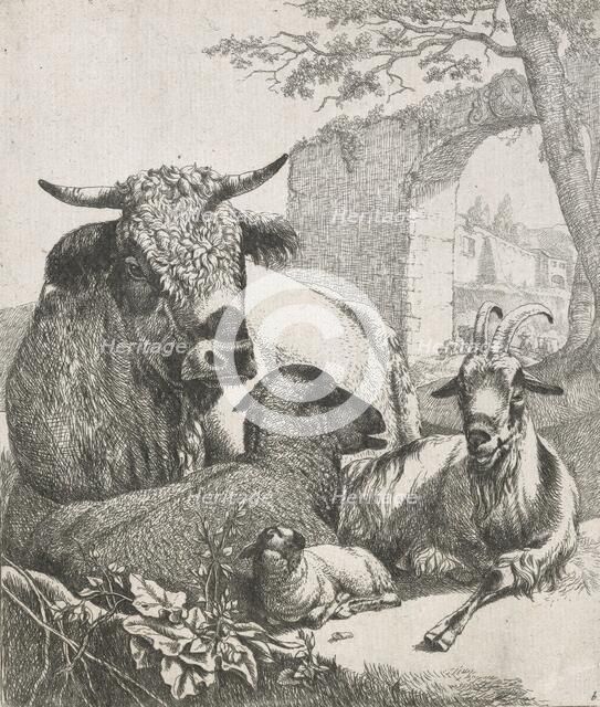 Sheep, goats and cows series: Recumbent bull, 1668-1670. Creator: Johann Heinrich Roos.