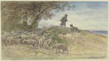 Sheep flock in a storm under a tree, 1881. Creator: Anton Burger