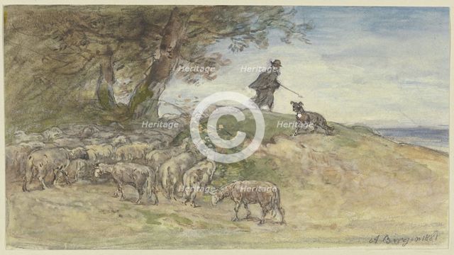 Sheep flock in a storm under a tree, 1881. Creator: Anton Burger.