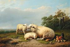 Sheep, Hen and Chicks in a Landscape, 1865. Creator: Eugène Verboeckhoven