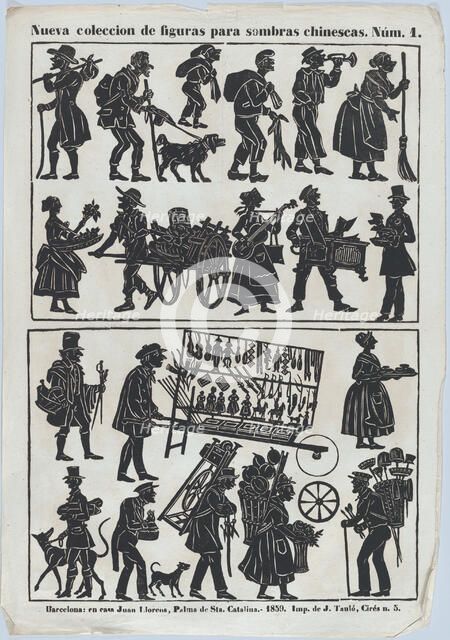 Sheet 1 of figures for Chinese shadow puppets, 1859. Creator: Juan Llorens.