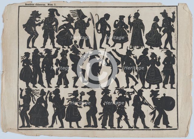 Sheet 1 of figures for Chinese shadow puppets, ca. 1850-70. Creator: Juan Llorens.