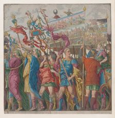 Sheet 1: Soldiers carrying banners depicting Julius Caesar's triumphant military exploits,..., 1599. Creator: Bernardo Malpizzi