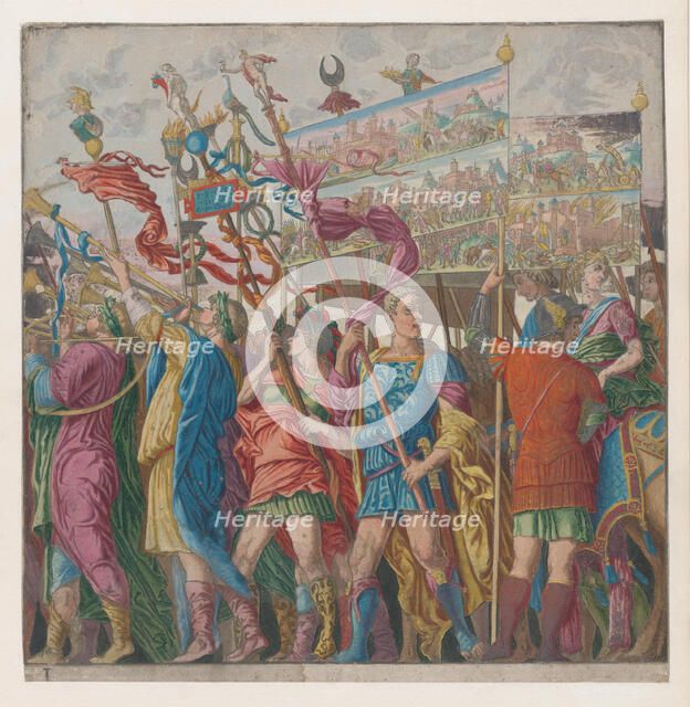 Sheet 1: Soldiers carrying banners depicting Julius Caesar's triumphant military exploits,..., 1599. Creator: Bernardo Malpizzi.