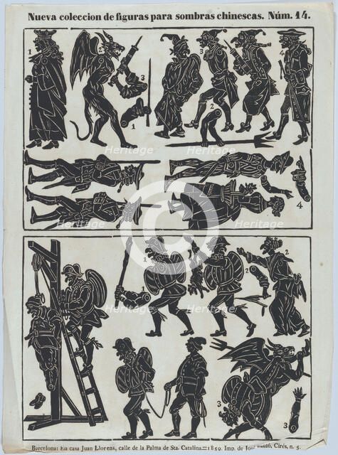 Sheet 14 of figures for Chinese shadow puppets, 1859. Creator: Juan Llorens.