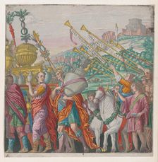 Sheet 4: Men carrying trophies at left, trumpeters at right, from The Triumph of Julius Ca..., 1599. Creator: Bernardo Malpizzi