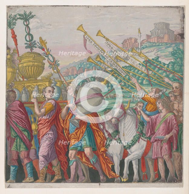Sheet 4: Men carrying trophies at left, trumpeters at right, from The Triumph of Julius Ca..., 1599. Creator: Bernardo Malpizzi.