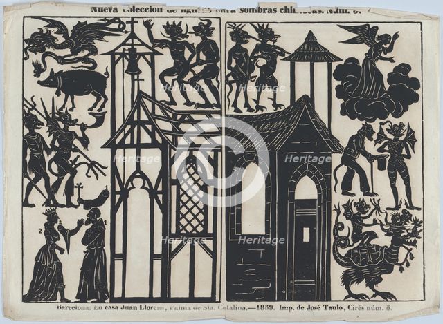 Sheet 5 of figures for Chinese shadow puppets, 1859. Creator: Juan Llorens.