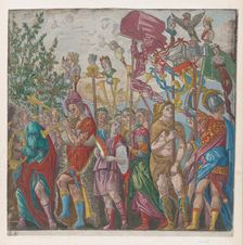 Sheet 8: procession of Musicians and others holding standards, from The Triumph of..., 1599. Creator: Andreani, Andrea (c. 1540-after 1610)