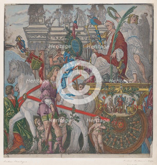Sheet 9: Julius Caesar in his horse-drawn chariot, from The Triumph of Julius Caesar, 1599. Creator: Bernardo Malpizzi.