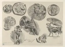 Sheet of Nine Antique Coins, 1825., 1825. Creator: Eugene Delacroix
