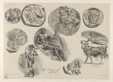 Sheet of Nine Antique Coins, 1825., 1825. Creator: Eugene Delacroix