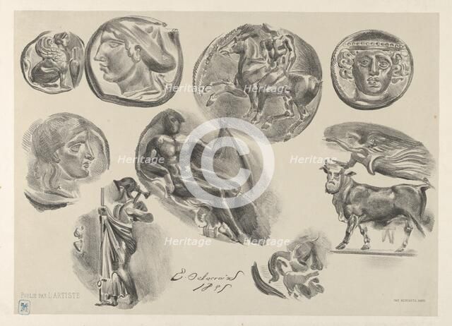 Sheet of Nine Antique Coins, 1825., 1825. Creator: Eugene Delacroix.