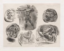 Sheet of Six Antique Coins , 1825. Creator: Eugène Delacroix (French, 1798-1863); Published by the artist (September 15, 1865 issue)