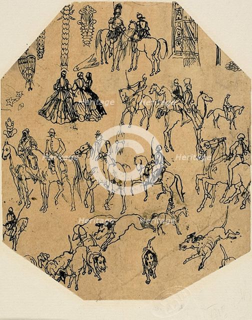 Sheet of Sketches: Hounds, Riders, Ladies. Architectural Elements, Insects, n.d. Creator: Rodolphe Bresdin.