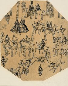 Sheet of Sketches: Hounds, Riders, Ladies. Architectural Elements, Insects, n.d. Creator: Rodolphe Bresdin