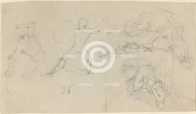 Sheet of Sketches, including Two Warriors Fighting. Creator: John Flaxman.