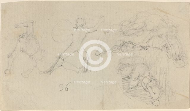 Sheet of Sketches, including Two Warriors Fighting. Creator: John Flaxman.