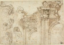 Sheet of Sketches: Sea Monsters and Elaborate Portals (recto), n.d. Creator: Agostino Mitelli