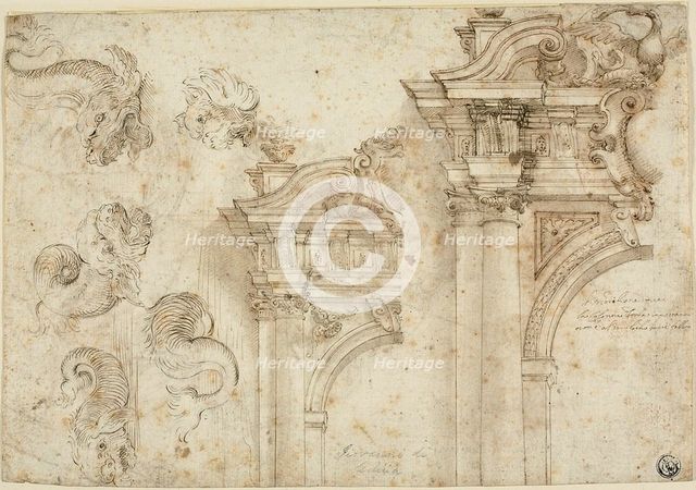 Sheet of Sketches: Sea Monsters and Elaborate Portals (recto), n.d. Creator: Agostino Mitelli.