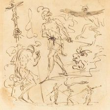 Sheet of Studies with a Soldier Drawing a Sword, a Crucifix, Monstrous Animals..., other Figures. Creator: Unknown