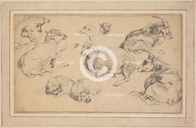 Sheet of Studies with Sheep, Goats, and Dogs, c. 1780. Creator: Jean-Baptiste Marie Hüet (French, 1745-1811).