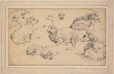 Sheet of Studies with Sheep, Goats, and Dogs, c. 1780. Creator: Jean-Baptiste Marie Hüet (French, 1745-1811)