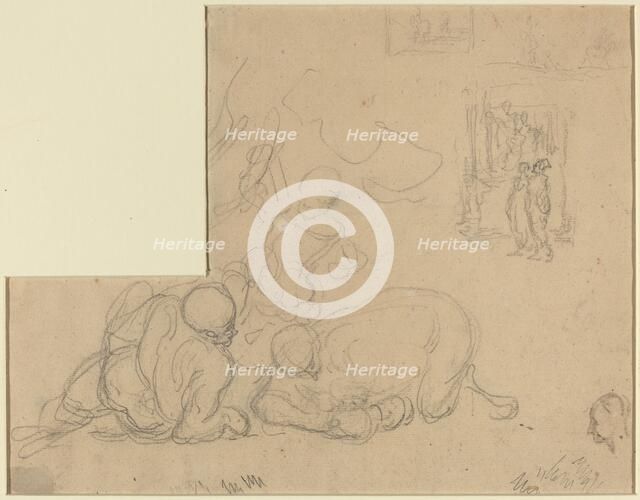 Sheet of Studies with Two Large Men on the Ground. Creator: Honore Daumier.