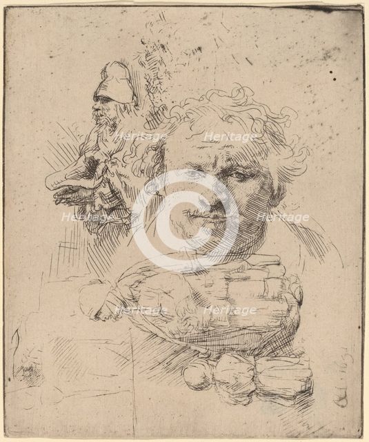 Sheet of Studies with the Head of the Artist, a Beggar Man, and Woman and Child, 1651. Creator: Rembrandt Harmensz van Rijn.