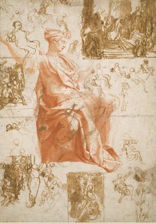 Sheet of Studies for the Blinding of Elymas, Sacrifice at Lystra, and a Holy Family, c.1558. Creator: Taddeo Zuccaro