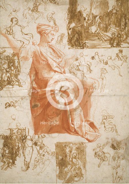 Sheet of Studies for the Blinding of Elymas, Sacrifice at Lystra, and a Holy Family, c.1558. Creator: Taddeo Zuccaro.
