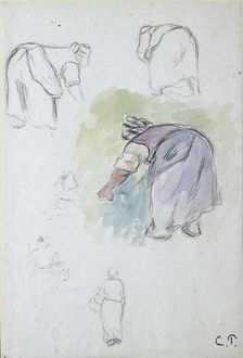 Sheet of studies: four studies of a female peasant bending, and two studies of a woman holding a bas Artist: Camille Pissarro