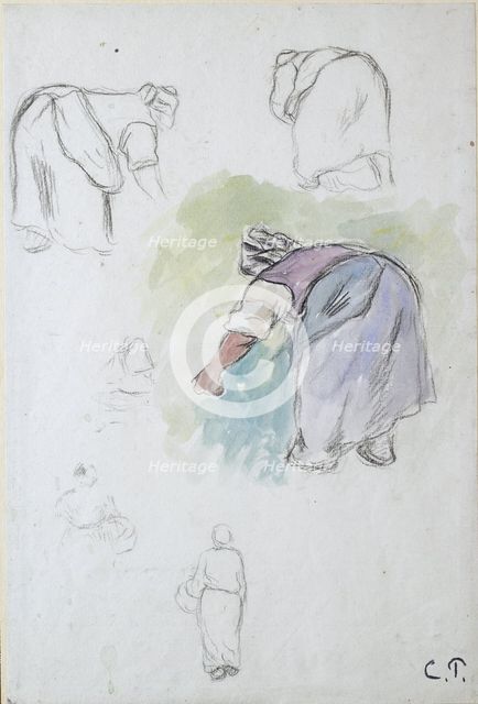 Sheet of studies: four studies of a female peasant bending, and two studies of a woman holding a bas Artist: Camille Pissarro.