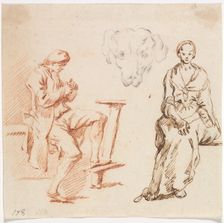 Sheet of Studies: Seated Man, Head of a Dog, Seated Woman, 1700s. Creator: Claude-Joseph Vernet (French, 1714-1789)