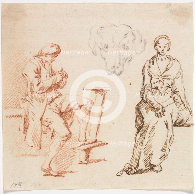 Sheet of Studies: Seated Man, Head of a Dog, Seated Woman, 1700s. Creator: Claude-Joseph Vernet (French, 1714-1789).