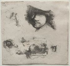 Sheet of Studies: Self-Portrait, a Beggar Couple, etc., c. 1632. Creator: Rembrandt van Rijn (Dutch, 1606-1669)