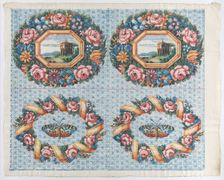 Sheet with two borders with a landscape and moth within wreaths, lat..., late 18th-mid-19th century. Creator: Anon