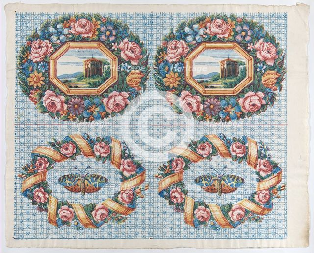 Sheet with two borders with a landscape and moth within wreaths, lat..., late 18th-mid-19th century. Creator: Anon.