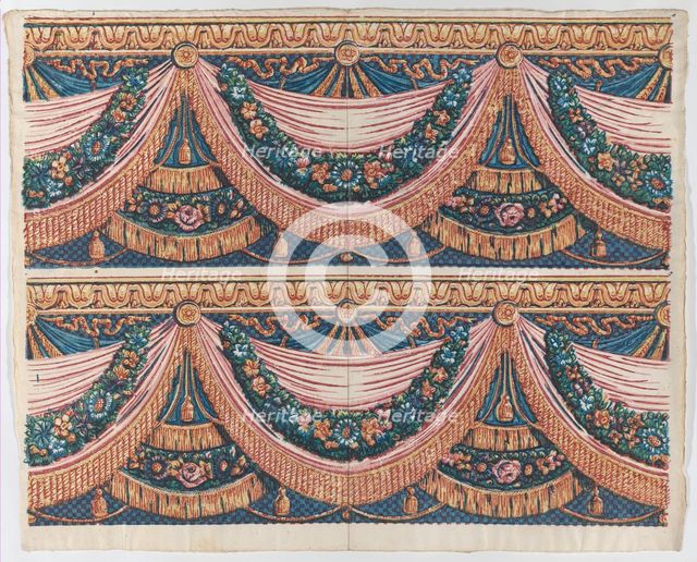 Sheet with two borders with draped curtains and floral garlands, lat..., late 18th-mid-19th century. Creator: Anon.