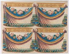 Sheet with two borders with drapery and floral designs, late 18th-mi..., late 18th-mid-19th century. Creator: Anon
