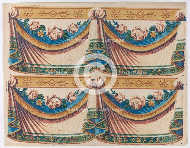 Sheet with two borders with drapery and floral designs, late 18th-mi..., late 18th-mid-19th century. Creator: Anon.