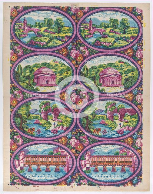 Sheet with two borders with Italian landscapes, late 18th-mid-19th c..., late 18th-mid-19th century. Creator: Anon.