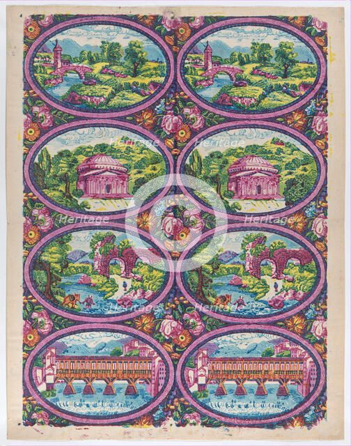 Sheet with two borders with Italian landscapes, late 18th-mid-19th c..., late 18th-mid-19th century. Creator: Anon.