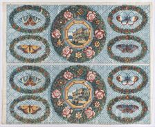 Sheet with two borders with landscapes and moths within wreaths, lat..., late 18th-mid-19th century. Creator: Anon