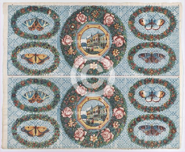 Sheet with two borders with landscapes and moths within wreaths, lat..., late 18th-mid-19th century. Creator: Anon.