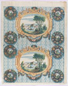 Sheet with two borders with landscapes within frames and wreaths, la..., late 18th-mid-19th century. Creator: Anon