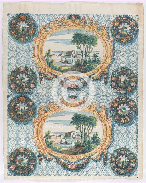 Sheet with two borders with landscapes within frames and wreaths, la..., late 18th-mid-19th century. Creator: Anon.