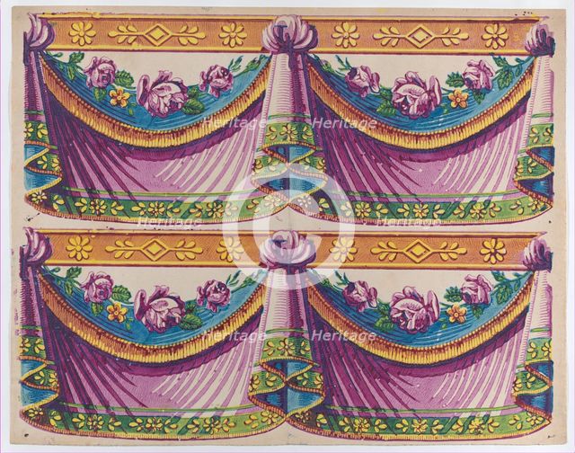 Sheet with two borders with purple drapery and floral designs, late ..., late 18th-mid-19th century. Creator: Anon.