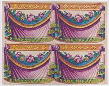 Sheet with two borders with purple drapery and floral designs, late ..., late 18th-mid-19th century. Creator: Anon