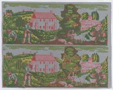 Sheet with two borders with pastoral landscapes on a gray background..., late 18th-mid-19th century. Creator: Anon